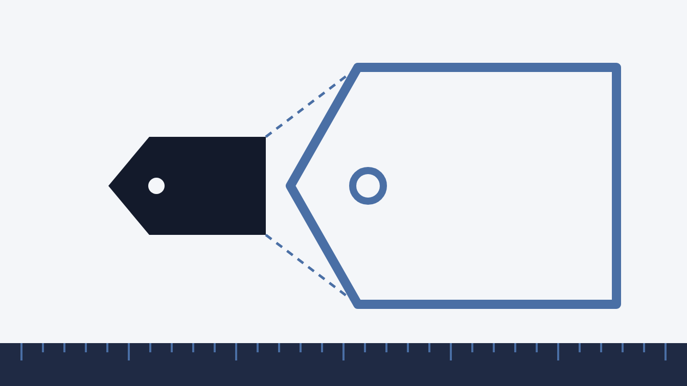 A small solid price tag beside a much larger hollow one on a ruler: the reported value is bigger than the sale