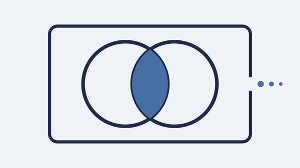 Two overlapping circles inside a vault outline, only the overlap filled, with aggregate dots exiting